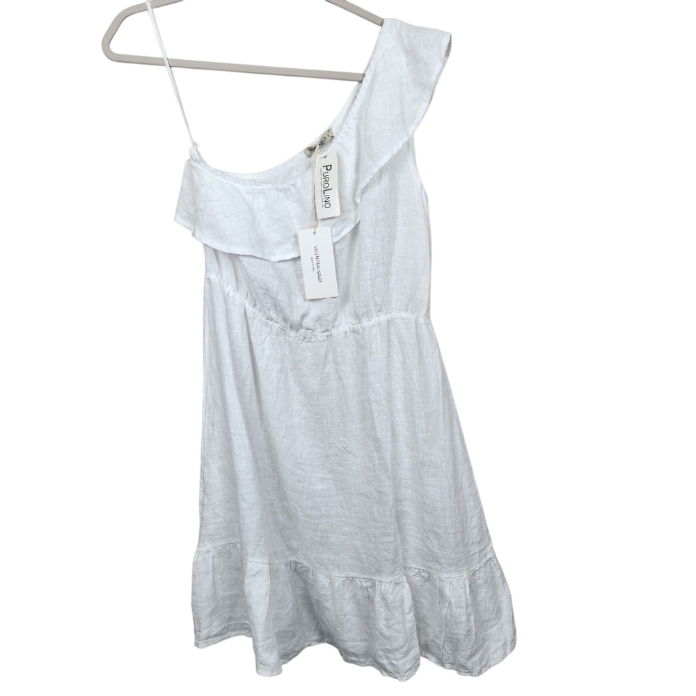 Valentina Naldi NWT 100% Linen White One Shoulder Dress Breathable Womens Size S